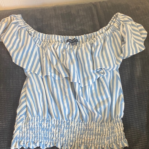 American Eagle Off-Shoulder Blue White Striped Blouse - Picture 1 of 2